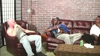 Bald white man gets fucked by two black men