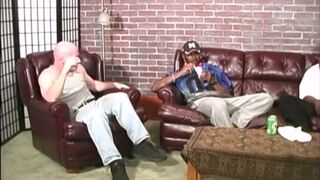 Bald white man gets fucked by two black men