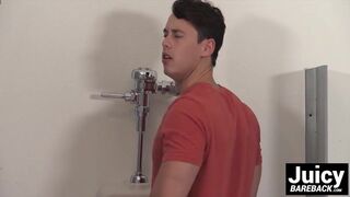 Hardcore action happening for Tobias in the public toilet