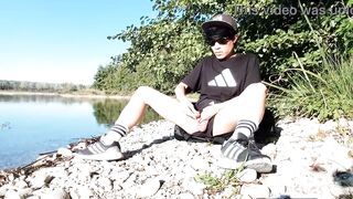 Sexy twink jerks off, cums on his leg, Jon Arteen is a sexy Asian boy who wears an Adidas black tshirt, short short, white socks, sneakers