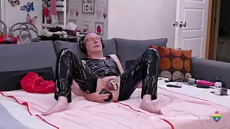 Old man in chastity getting ass stretched with huge dildo