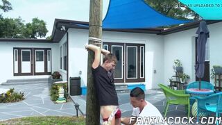 Stepson cum sprayed after hardcore bareback stepdad drilling