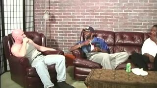 Bald white man gets fucked by two black men