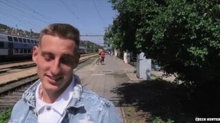 CZECH HUNTER 453 - Blonde Twink Sucks Strangers Big Dick POV In The Woods