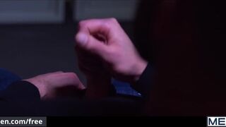 Handsome guy jerks off watching two muscular men fucking