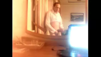 masturbates and releases sperm to the music