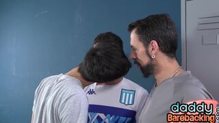 Barebacking DILFS fuck twink un public locker room 3some