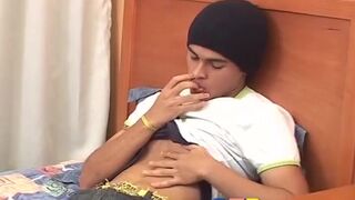Sexy little twink Alfredo wanks his hard prick in a bedroom