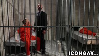 Mature bold dude fucks sexy twink hard in a prison cell