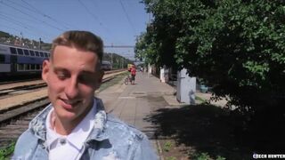 CZECH HUNTER 453 - Blonde Twink Sucks Strangers Big Dick POV In The Woods