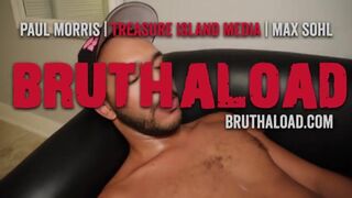 Jacking off on a black leather couch