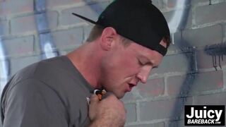 Skating dude with sexy mustache barebacked on his own board