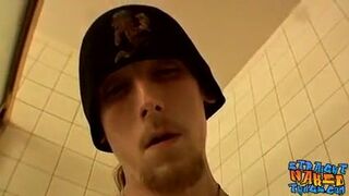 Skinny Shamus tugging straight cock in bathtub solo