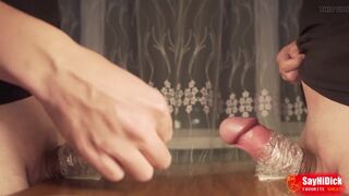 Two stepbrothers cum on each other putting their cocks in a hole on the table - double video