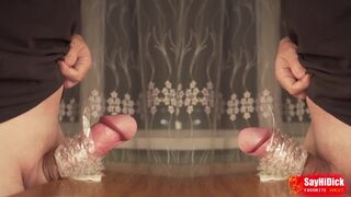 Two stepbrothers cum on each other putting their cocks in a hole on the table - double video