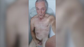 Grandpa Daddy Exhibitionist Jerking in Bath with Messy Belly Cumshot