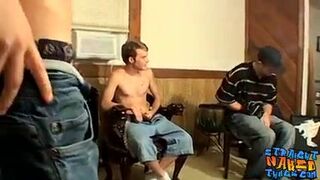 Group of guys has fun as they stroke their dicks together