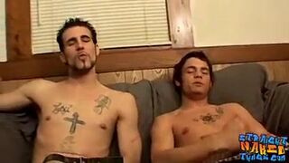 Two straight dudes stroking their cocks until spilling cum