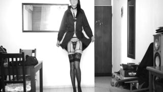 The stewardess is ready for 1 flight in a sexy outfit.