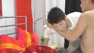 Naughty Damien and Keegan cum together after wrestling naked