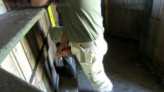 Outdoor JO in wildlife observation cabin - no cumshot