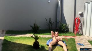 Adorable twink Henry Evans cums while masturbating outdoors