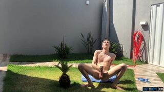 Adorable twink Henry Evans cums while masturbating outdoors