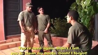 Slutty soldier fucked in the mouth and ass in a threesome