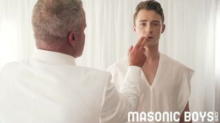 Cole Blue barebacked by suited silver muscle daddy Savage