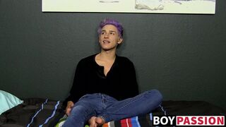 Cute twink toys with his big fat dong and moans for us too