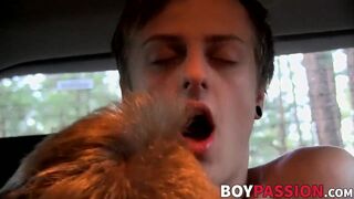 Naughty young man blowing his lover while inserting dildo