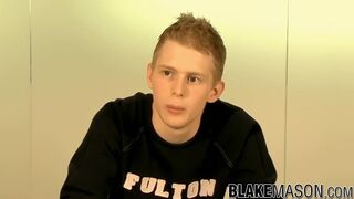 Blonde British twink beating off his big dick for cumshot