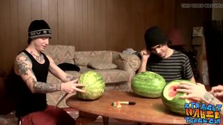 Straight inked guys fuck watermelons until cumming