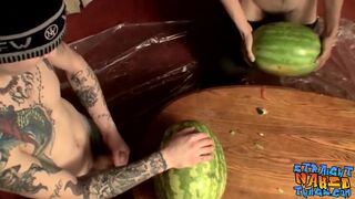 Straight inked guys fuck watermelons until cumming