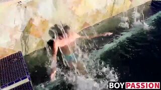 Blonde twink Tyler Thayer jerking his cock near the pool