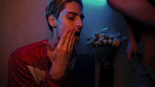 Thanked the guy for the presented bouquet of roses