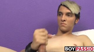 Blonde skinny twink Rany strokes long dick and stuffs dildo