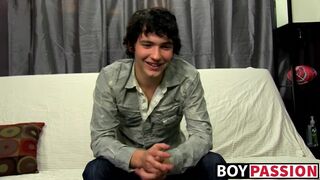 Interviewed cock guzzler plays with his big dick and cums