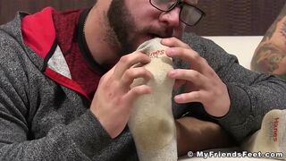 Muscle stud Trevor jerking off and foot worship cumshot