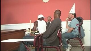 A black teacher and two black students sharing a white guy