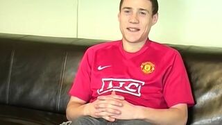 Handsome young Brit masturbates and cums after an interview