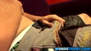 Pretty twink rubbing his strong cock over those sexy panties