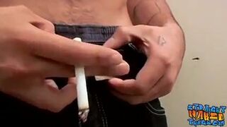 Bearded straight thug Spanky jacks off his cock and cums