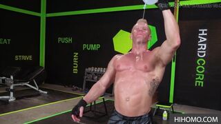 Shaved muscular gym boys experiencing quality anal sex