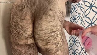 Showing off my very hairy white ass in the shower: spanking, washing, oiling, spreading, and fingering my virgin asshole