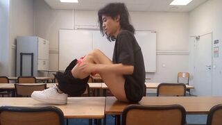 Hot striptease on teacher's desk, horny French-Asian student takes out his dick at school, jerks off in risky college classroom