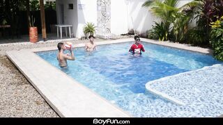 Cock crazed bottom boy Dylan Malik takes 2 big bare dicks poolside