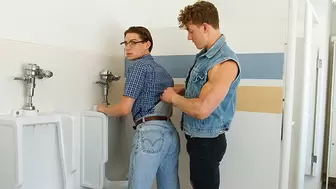 Nerdy Teen Boy With Gasses Gets Surprised And Pounded Hard In The School Bathroom By The Class Bully