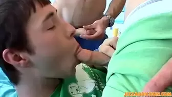 Young twink receives facial after sucking dicks in foursome