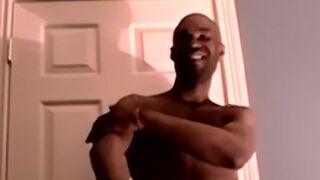 Handsome black jock strips naked and jerks off solo and cums